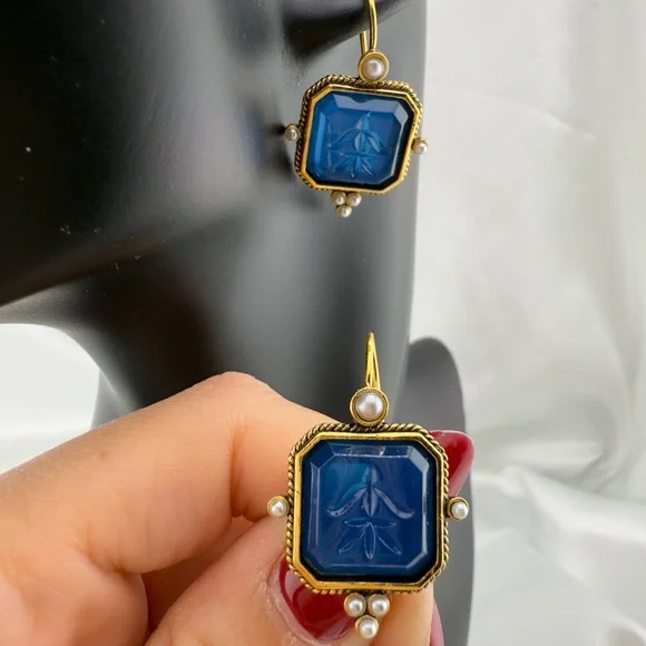 Vintage Blue and Gold Hexagon Earrings - Picture 3 of 7